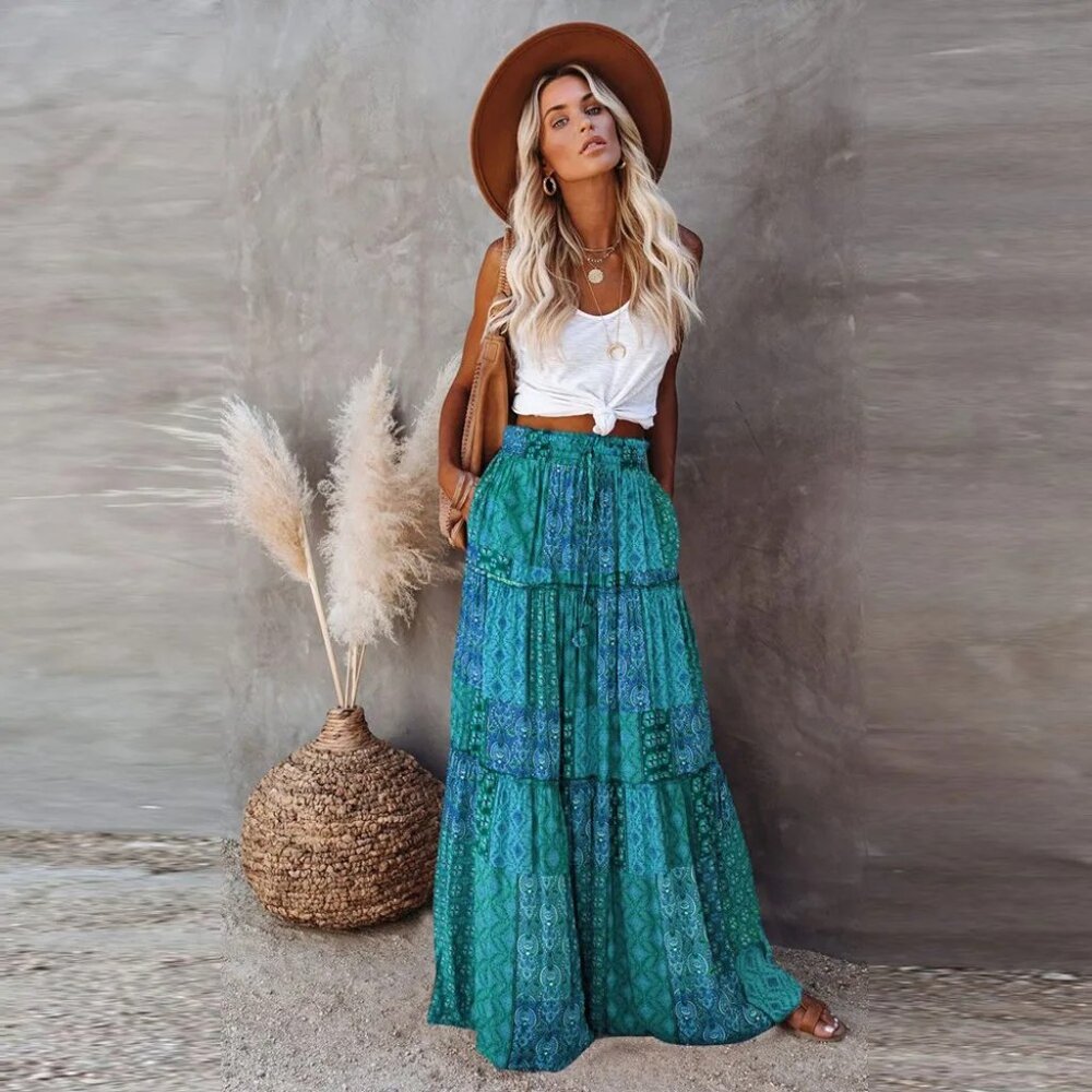 A352 • Teal Mix Boho Patchwork Maxi Skirt
